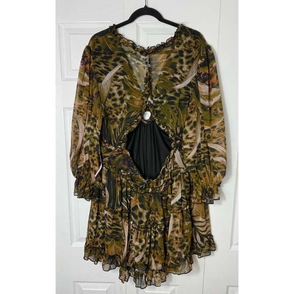 Live 4 Truth Green Leaf Cheetah Print Boho Chiffon Ruffle Cut Out Dress 3X - Picture 12 of 14